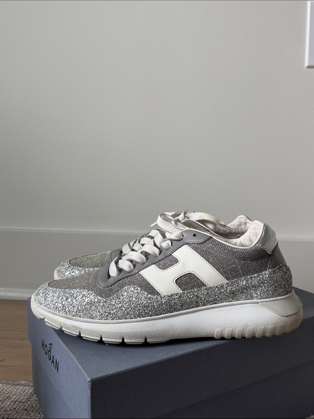 Hogan Silver Glitter and Cream Women's Sneakers